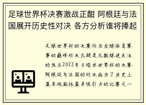 足球世界杯决赛激战正酣 阿根廷与法国展开历史性对决 各方分析谁将捧起大力神杯